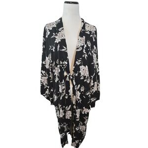 Spiritual Gangster Floral Kimono Duster Black White Tie Front Rayon Pockets OS